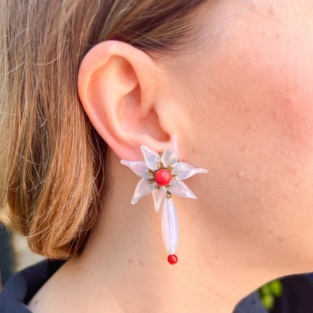 Louis Rousselet for Madeleine Rivière 1950s Opaline and Red Glass Vintage Flower Earrings